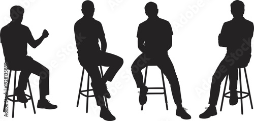 Silhouettes Of Four Men Sitting On Stools In Different Poses On White Background male