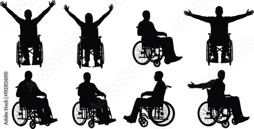 Collection of silhouettes featuring people in wheelchairs celebrating success and sitting in various poses isolated on white background for inclusivity