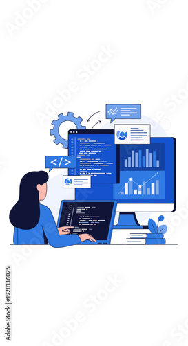 Programmer working on a computer with code and data visualization on screen, technology concept