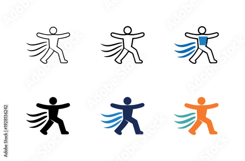 Freedom of movement symbol showing a human figure stepping forward with open arms and flowing directional lines suggesting