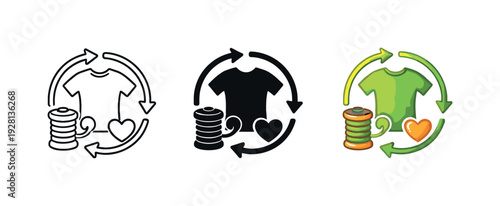 Reducing textile waste illustrated by a garment sustainability emblem where reuse and mindful production are implied through