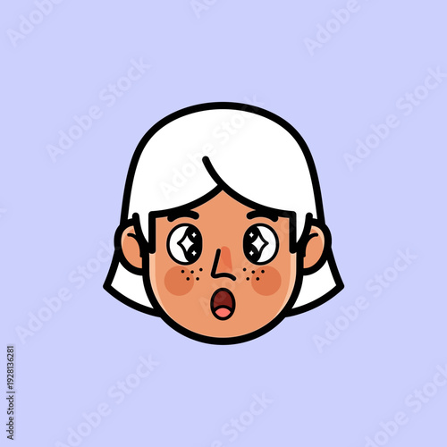 Cartoon portrait of a surprised young person with white hair and freckles