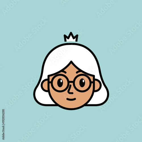 Cartoon portrait of a woman with glasses and a crown on a turquoise background