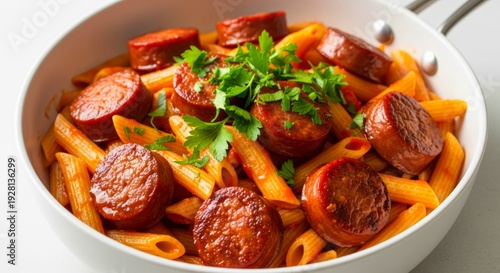 Wallpaper Mural Delicious Chorizo Penne Pasta with Herbs in a White Pan, Close Up Torontodigital.ca