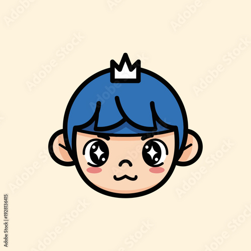Cartoon prince character with blue hair and crown on cream background