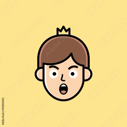 Cartoon prince portrait with crown and open mouth expression on yellow background