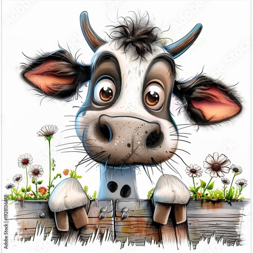 Wallpaper Mural Cute Cartoon Calf Peek Over Fence with Daisies - Whimsical Farm Animal Torontodigital.ca