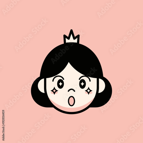 Cartoon princess face with crown and surprised expression on peach background