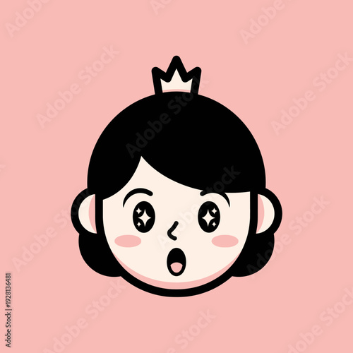 Cartoon princess illustration with wide eyes and crown on pink background