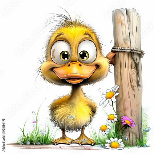 Wallpaper Mural Cute cartoon duck with big eyes leans on a wooden post with daisies Torontodigital.ca