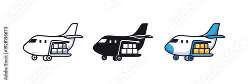 Transporting goods illustrated through a compact cargo airplane with short wings and tailfin, same shape displayed side by side