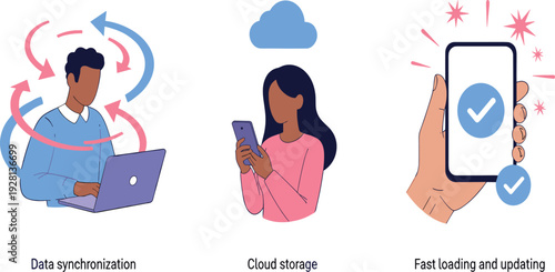 Data synchronization, cloud storage and fast loading concept illustration set, modern flat vector design for mobile app, technology, and digital services