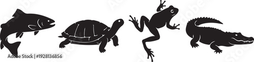 Freshwater Animal Silhouette Collection Including Fish, Turtle, Frog and Crocodile.
