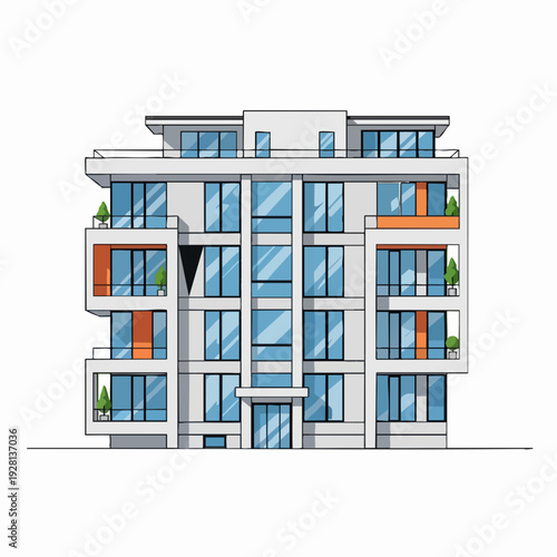 Illustration of modern residential building with balconies and blue windows against white background in cartoon style for real estate concepts
