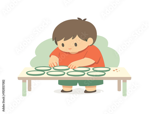Child Organizing Plates. Small child stands by a table carefully arranging plates in neat rows, hands moving slowly as dishes