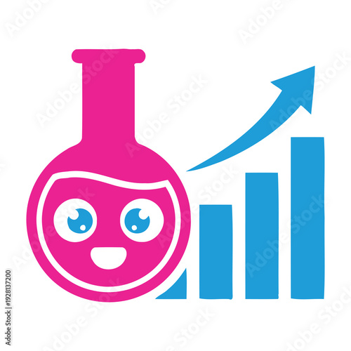 Cute pink science flask with smiling face and blue upward trending chart symbolizing growth and learning in education