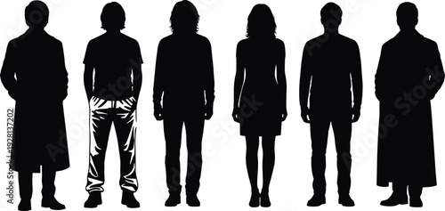 Diverse black silhouettes of business professionals and casual people standing in a row for corporate teamwork community and social diversity,