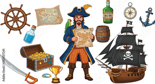Pirate Adventure Vector Set with Captain, Treasure Chest, Map, Ship, Anchor, Rum Bottle and Nautical Elements Collection
