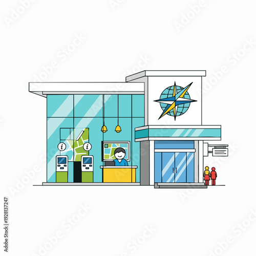 Illustration of a modern tourist information center building with a globe logo and digital kiosks offering travel assistance and information