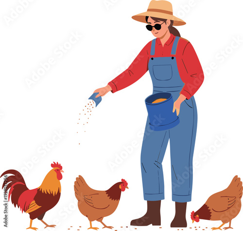 Farmer Feeding Chickens Vector Illustration with Rural Woman in Overalls and Straw Hat on Farmyard Scene