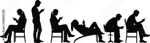 Diverse group of people silhouettes using smartphones while sitting and standing, men and women using mobile phones on white background.