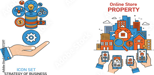 Online property store and real estate business strategy concept illustration with finance icons, buildings and mobile app interface, modern flat vector design