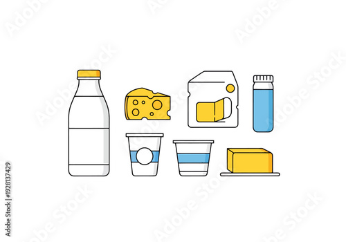 Collection of Dairy Products Vector Icons Representing Milk Cheese Yogurt Butter and Other Farm Fresh Food Items for Healthy Eating and Nutrition