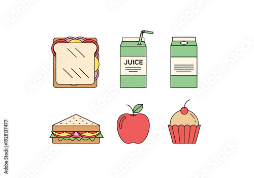 Healthy Lunch Meal Set Featuring Sandwich Juice Box Apple and Cupcake for Food Beverage and Nutrition Concepts