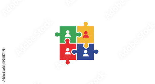 Colorful puzzle pieces with people icons.