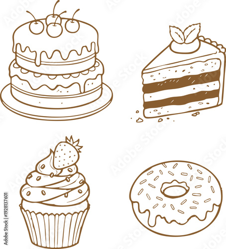 Hand Drawn Dessert Doodle Set with Cake, Cupcake, Donut and Pastry Line Art Illustration