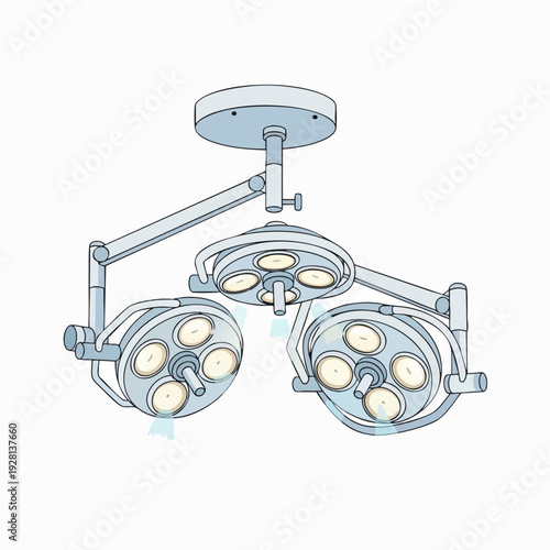 Illustration of a triple surgical operation room light fixture with adjustable arms and circular lamps for medical procedures