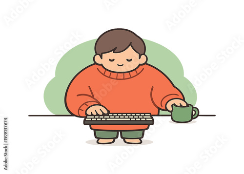Cozy person prepares a workspace at a desk, pushing clutter away, keyboard centered, mug set aside carefully. | workspace, desk
