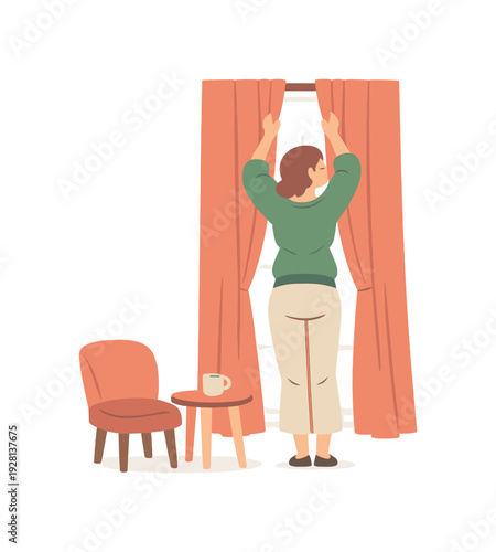 Warm person pulls curtains together across a tall window while a chair and small table rest quietly nearby in the room. | closing