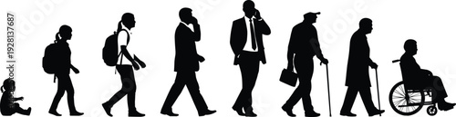 Evolution of life silhouette showing human aging process from baby to childhood, student, businessman, elderly man with cane, and wheelchair