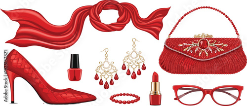 Red fashion accessories set with high heel shoe, handbag, lipstick and jewelry, elegant luxury vector illustration for beauty, style and glamour design
