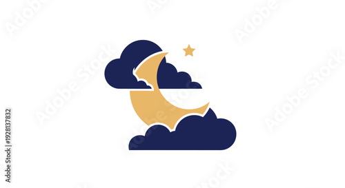 Crescent Moon with Clouds and Star Icon.