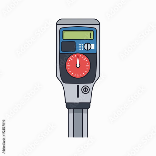 Illustration of a vintage-style parking meter showing time running out graphic art with grey and red colors isolated on white background