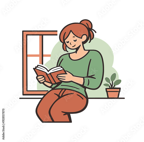 Warm person leans near a window reading a book, shoulders relaxed as daylight frames the page edges softly | reading book window,