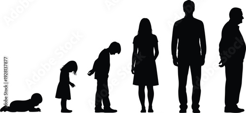 Female Life Cycle Silhouette Showing Growth From Crawling Baby to Elderly Woman, Human Aging Process and Development Stages Vector