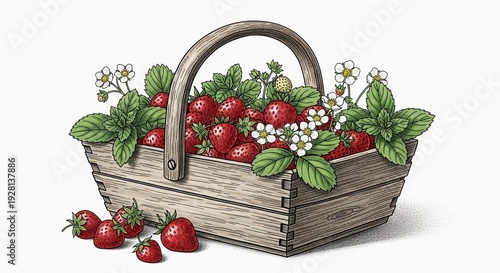 A wooden basket overflowing with red strawberries and green leaves, placed on a white surface with scattered strawberries around it, viewed from the front