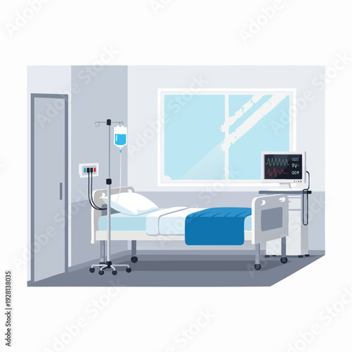 Illustration of an intensive care unit bed with monitor and IV drip stand in a hospital room in cartoon style