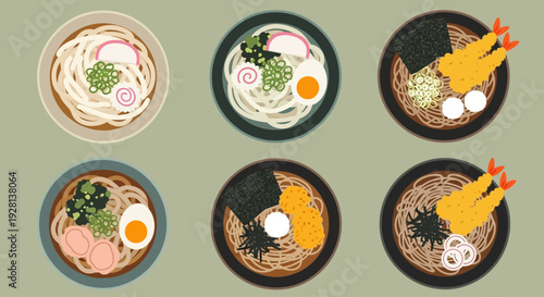 Assorted Ramen Noodles with Various Toppings.