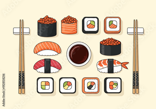 Assorted Traditional Japanese Seafood Rice Rolls and Fish Set With Chopsticks Ready for Enjoying Healthy Cuisine