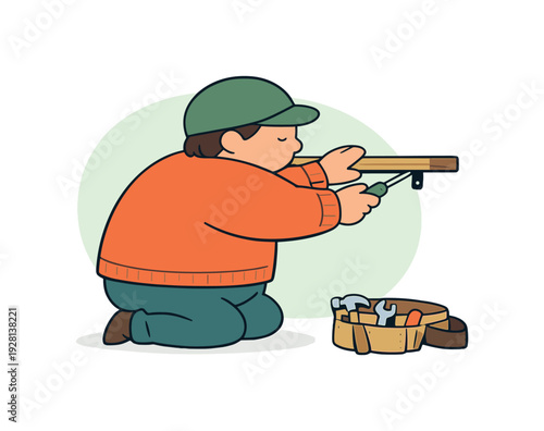 Cozy person fixes a loose shelf indoors, tool belt resting aside, wood aligned flush, quiet effort in motion. | fixing loose