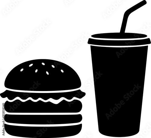 Burger and Soda Cup Fast Food Meal Silhouette Vector in Solid Black on White Background