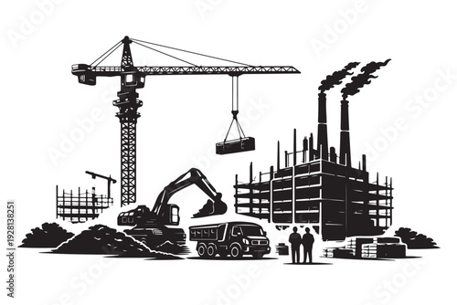 Industrial Construction Site Silhouette, Vector Illustration, Isolated on White Background