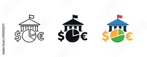 Structured governance scene showing a simplified public finance icon integrating monetary symbols to express state fiscal