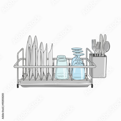 Illustration of dish rack with plates glasses and utensils for drying after washing in kitchen clean dinnerware concept