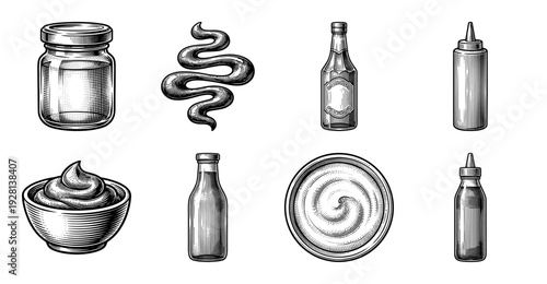 Set of monochrome hand drawn vintage engravings featuring various condiment containers and sauces including bottles jars and bowls