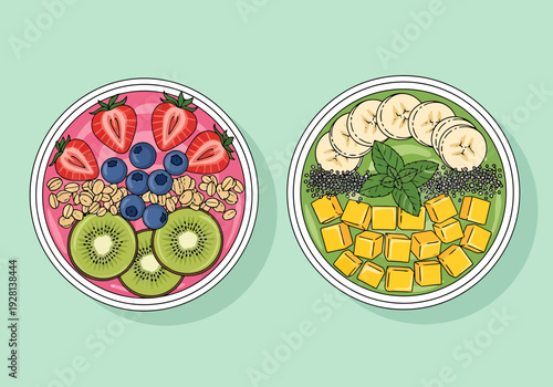 Two healthy breakfast bowls featuring colorful fresh fruit toppings and granola on a pastel background offering a delicious meal preparation concept